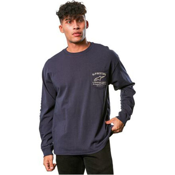 Studio photo on a white background of Alpinestars REP Long-Sleeve T-Shirt; showing tee fit, printed graphics, and crew neckline; SKU 3030233