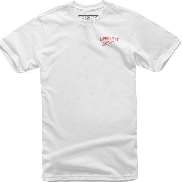 High-resolution studio image of Alpinestars Speedway T-Shirt; showing tee fit, printed graphics, and crew neckline; SKU 303023230; Sizes: M-2XL