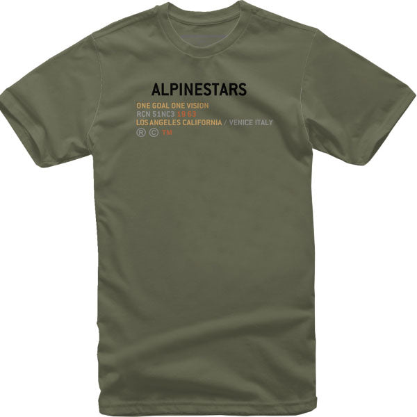 Clean studio shot of Alpinestars Quest T-Shirt; showing tee fit, printed graphics, and crew neckline; SKU 3030217; Colors: Black, Military; Sizes: M-2XL