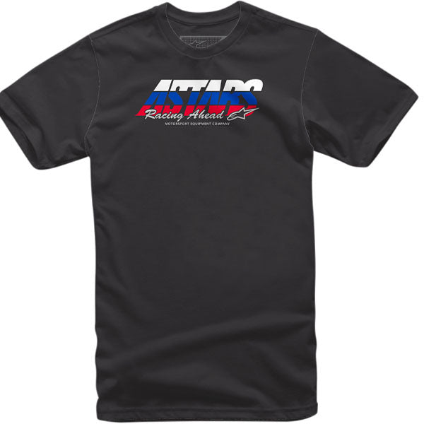 Clean studio shot of Alpinestars Split Time T-Shirt; showing tee fit, printed graphics, and crew neckline; SKU 3030207; Colors: Black, White, Gray