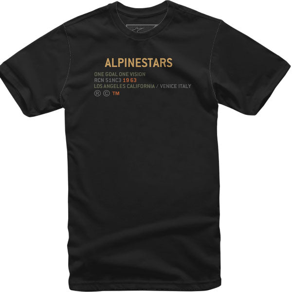 High-resolution studio image of Alpinestars Quest T-Shirt; showing tee fit, printed graphics, and crew neckline; SKU 3030217; Colors: Black, Military
