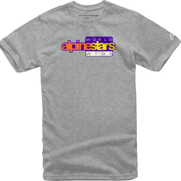 High-resolution studio image of Alpinestars World Wide Again T-Shirt; showing tee fit, printed graphics, and crew neckline; SKU 3030221; Sizes: M-2XL