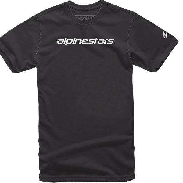 Professional studio photo of Alpinestars Linear Wordmark T-Shirt; showing tee fit, printed graphics, and crew neckline; SKU 303021674; Sizes: M-2XL