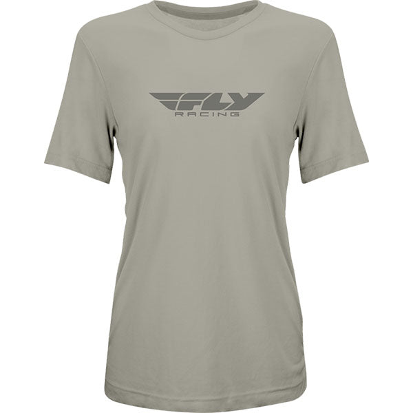 High-resolution studio image of Fly Racing Womens Origin Corp Tee; showing tee fit, printed graphics, and crew neckline; SKU 356-0100S; Sizes: S-2XL