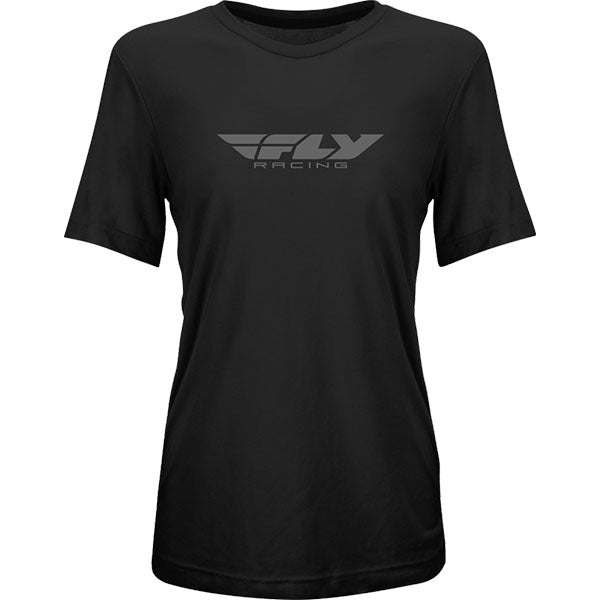 Clean studio shot of Fly Racing Womens Origin Corp Tee; showing tee fit, printed graphics, and crew neckline; SKU 356-0100S; Sizes: S-2XL