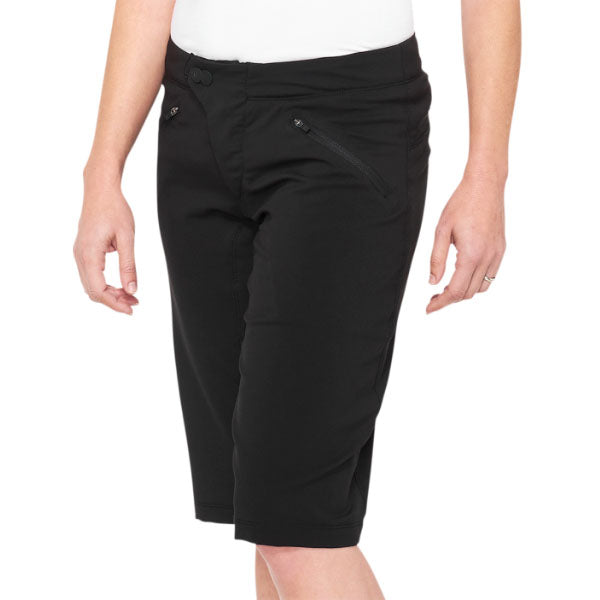 Studio product photo on a neutral background of 100%, Ridecamp Short (Women) (MTB), Shorts, SKU 50020001, color Black, sizes SM, MD, LG, XL, Designed for Mountain Bike, BMX and E-Bike riders