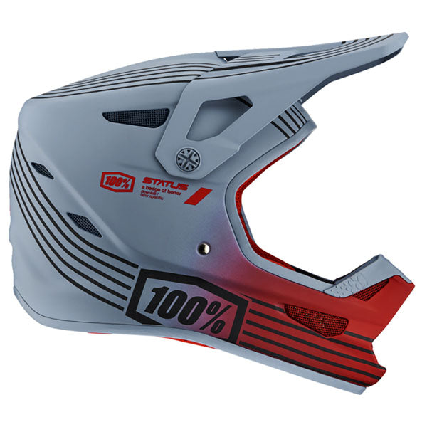 High-resolution studio image of 100%, Status Helmet (MTB), SKU 01510118, color Caltec/Gray, sizes XS, SM, MD, LG, XL, 2XL, Designed for Mountain Bike, BMX and E-Bike riders