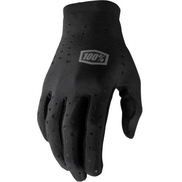 Studio photo showcasing 100%, Sling Gloves (MTB), Offroad Gloves, SKU 33600109, color options Black, Gray, Navy, sizes SM, MD, LG, XL, 2XL, Designed for Mountain Bike, BMX and E-Bike riders