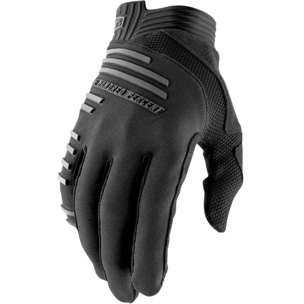 Studio photo showcasing 100%, R-Core Gloves (MTB), Offroad Gloves, SKU 33600099, color options Black, Yellow, sizes SM, MD, LG, XL, 2XL, Designed for Mountain Bike, BMX and E-Bike riders