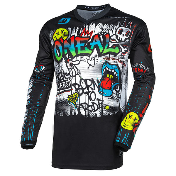 Studio image highlighting O'Neal, Element Rancid V.24 Jersey, SKU E005-412, color options Black/White, sizes XL–2X