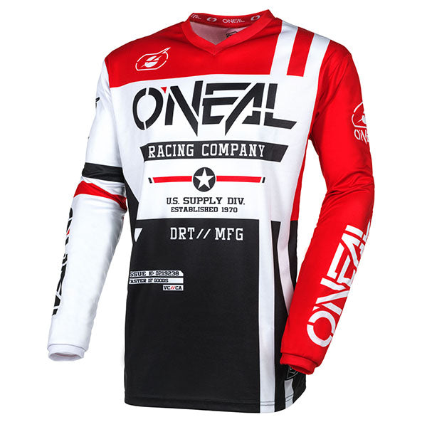 Studio photo showcasing O'Neal, Element Warhawk V.24 Jersey, SKU E005-312, color options Black/White/Red, Black/White, sizes XL–2X
