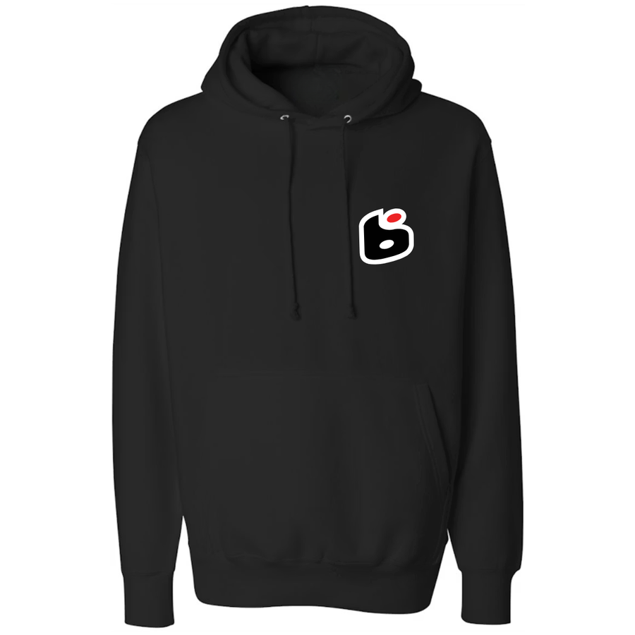 Black hoodie with a logo on the chest against a white background