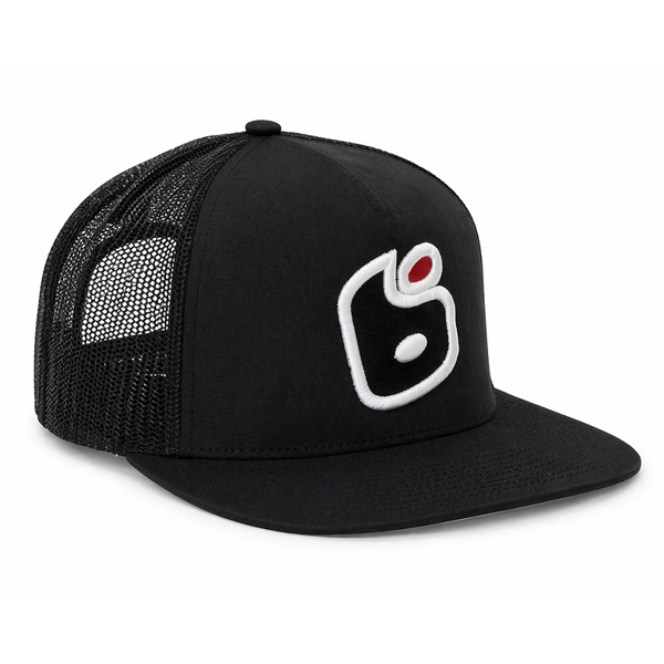 Black trucker cap with a logo on a white background