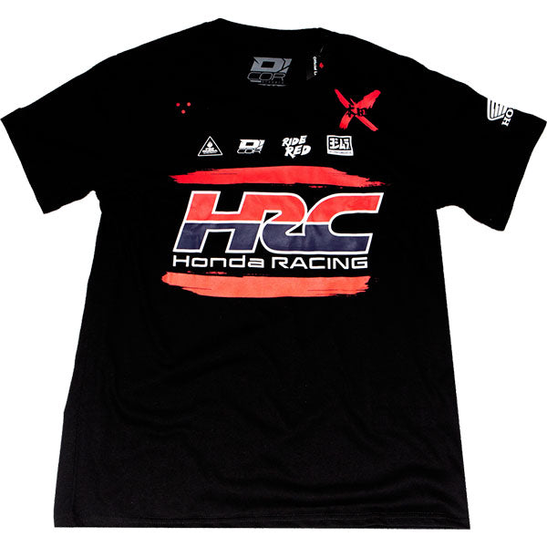 Crisp studio image on a white background of D'Cor Visuals Honda HRC Factory T-Shirt; showing long-sleeve cut, printed graphics, and crew neckline