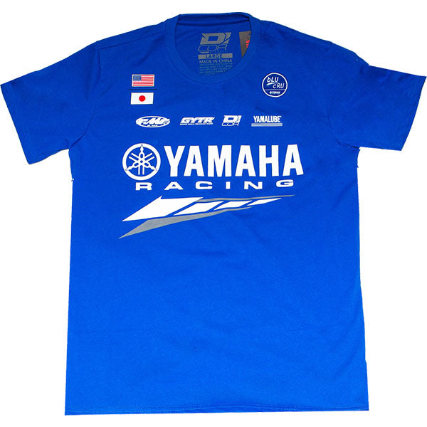 Clean studio shot of D'Cor Visuals Yamaha Factory T-Shirt; showing long-sleeve cut, printed graphics, and crew neckline; SKU 862-81142M; Sizes: M-2XL
