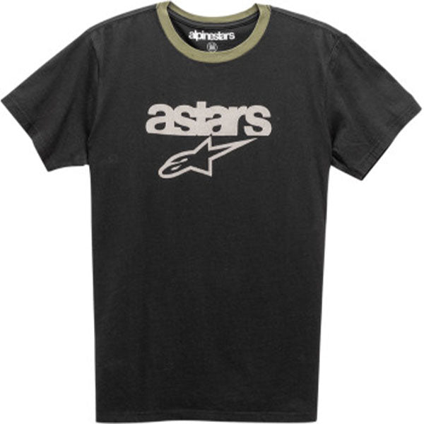 Studio photo on a white background of Alpinestars Match T-Shirt; showing tee fit, printed graphics, and crew neckline; SKU 3030203; Sizes: M-2XL