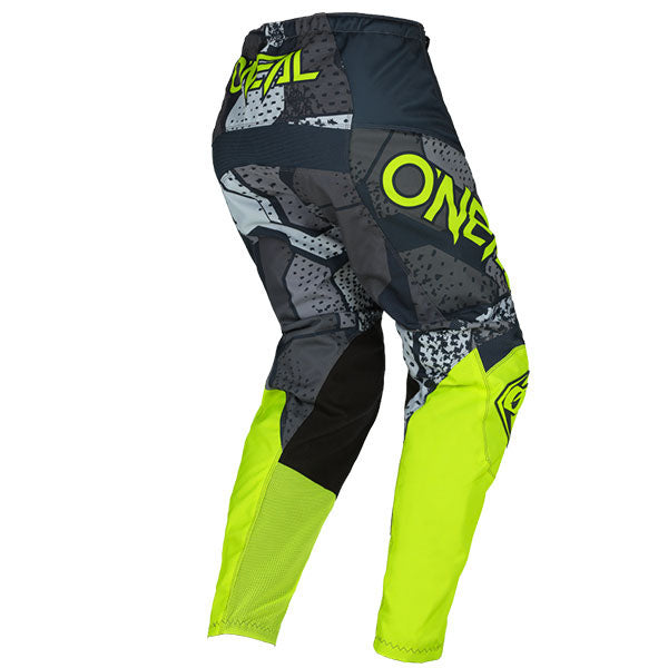 Detailed studio photograph of O'Neal, Element Camo Pants, SKU E021-560, color options Grey/Neon Yellow, sizes 28–42