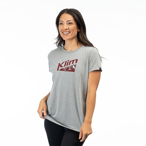 High-resolution studio image of Klim Mountain Peak Tri-Blend Tee (Womens); showing tee fit, printed graphics, and crew neckline; SKU 3565-000-110-275