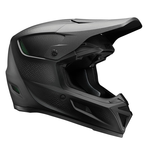 Studio view of Thor Thor - R-Sport Carbon Stealth Helmet helmet, in Black and Carbon, carbon shell, vented chin bar and intake ports, on a clean white background, for motocross / off-road use, (SKU 011087) Colors: Black and Carbon Sizes: 2XL, LG, MD, SM, XL, XS