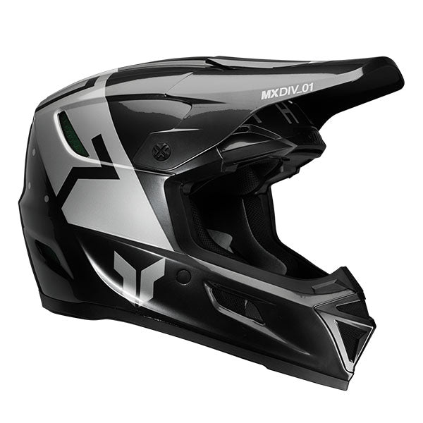 Studio view of Thor Thor - Reflex Sport Rogue MIPS Helmet helmet, in Black and Chrome, MIPS-equipped, vented chin bar and intake ports, on a clean white background, for motocross / off-road use, (SKU 011087) Colors: Black and Chrome Sizes: 2XL, LG, MD, SM, XL, XS