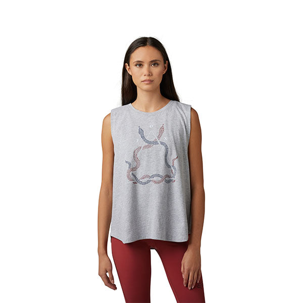 Professional studio photo of Fox Racing Caved In Tank (Womens); showing sleeveless cut, hem shape, and printed or woven branding; SKU 30807-184-XS