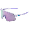 Studio photo showcasing 100%, S3 Sunglasses, color options Polished Translucent Grey w/ Purple Multilayer Mirror Lens, Soft Tact Black w/ Soft Gold Mirror Lens, Polished Translucent Lavender w/ Hiper Lavender Mirror Lens