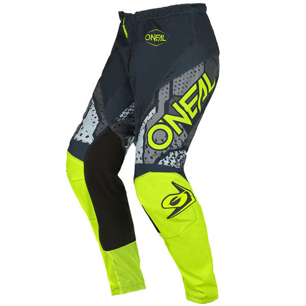Studio photo showcasing O'Neal, Element Camo Pants, SKU E021-562, color options Grey/Neon Yellow, sizes 28–42