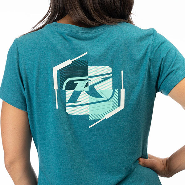 Professional studio photo of Klim K Shield Crest Tri-Blend Tee (Womens); showing tee fit, printed graphics, and crew neckline; SKU 3568-000-110-806