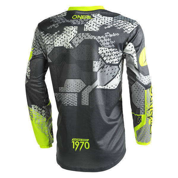 Catalog studio image of O'Neal, Element Camo Jersey, SKU E003-533, color options Grey/Neon Yellow, sizes XL–2X