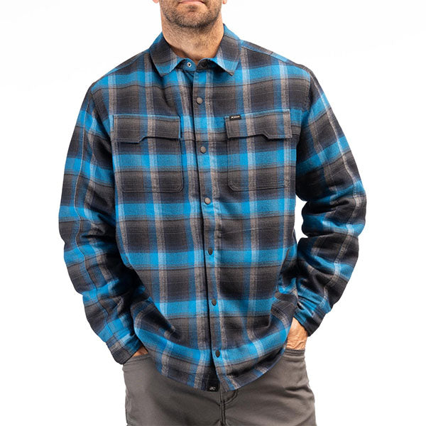 Clean studio shot of Klim Bridger Fleece Lined Flannel Shirt; showing flannel shirt fit, button front, and plaid pattern; SKU 3629-000-120-256