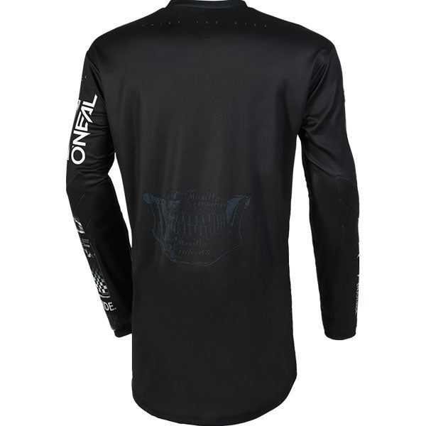 Studio image highlighting O'Neal, Element Attack V.23 Jersey, SKU E004-403, color options Black/White, sizes XL–2X