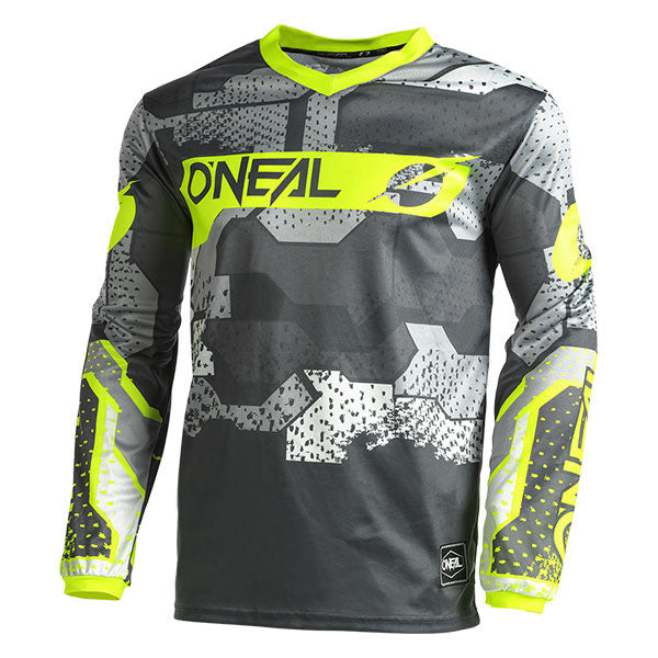 Studio product photo on a neutral background of O'Neal, Element Camo Jersey, SKU E003-532, color options Grey/Neon Yellow, sizes XL–2X