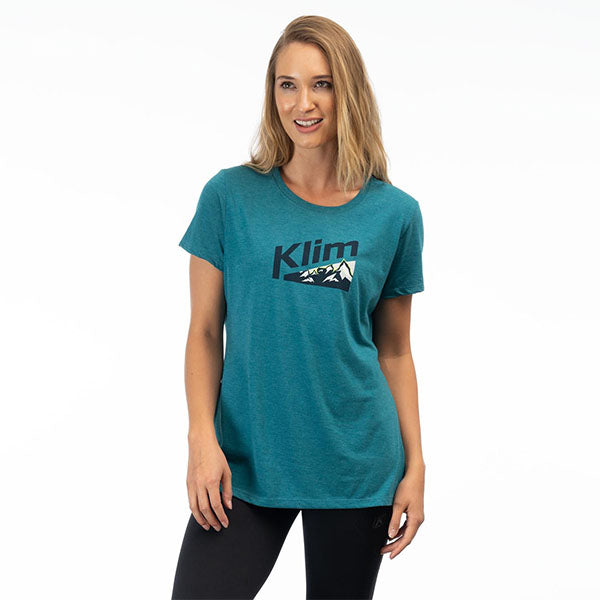Clean studio shot of Klim Mountain Peak Tri-Blend Tee (Womens); showing tee fit, printed graphics, and crew neckline; SKU 3565-000-110-275; Sizes: XS-XL