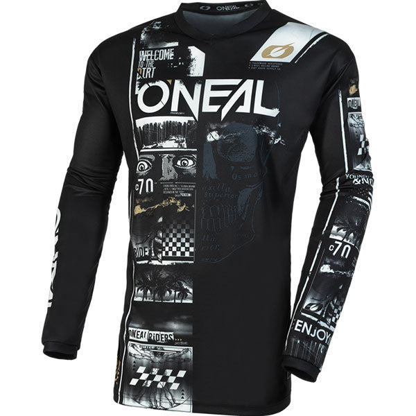 High-resolution studio image of O'Neal, Element Attack V.23 Jersey, SKU E004-404, color options Black/White, sizes XL–2X