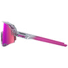 Studio image highlighting 100%, Slendale Sunglasses, color options Gloss Carbon Fiber w/ Hiper Crimson Silver Mirror Lens, Satin Pitaya w/ Hiper Vital Pink Mirror Lens, Polished Translucent Grey w/ Purple Multilayer Mirror Lens, Matte White w/ Hiper Red Multilayer Mirror Lens, Matte Black w/ Hiper Blue Multilayer Mirror Lens, Matte Black w/ Smoke Lens