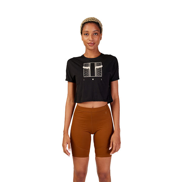 High-resolution studio image of Fox Racing Placate Tech Tee (Womens); showing tee fit, printed graphics, and crew neckline; SKU 30814-001-XS