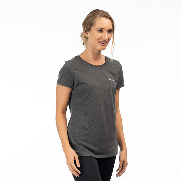 Studio photo on a white background of Klim K Shield Crest Tri-Blend Tee (Womens); showing tee fit, printed graphics, and crew neckline
