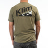 Studio photo on a white background of Klim Mountain Peak Tri-Blend Tee; showing tee fit, printed graphics, and crew neckline; SKU 3691-000-120-281