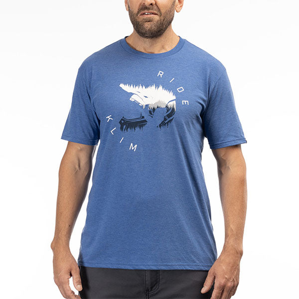 Clean studio shot of Klim Ride Tri-Blend Tee; showing tee fit, printed graphics, and crew neckline; SKU 3689-000-120-272; Sizes: S-3XL