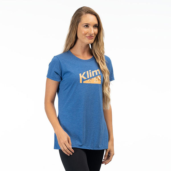 Professional studio photo of Klim Mountain Peak Tri-Blend Tee (Womens); showing tee fit, printed graphics, and crew neckline; SKU 3565-000-110-275