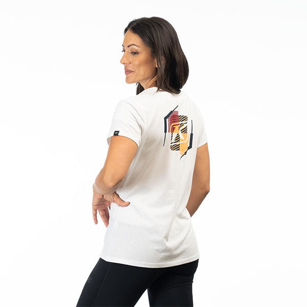 Studio photo on a white background of Klim K Shield Crest Tri-Blend Tee (Womens); showing tee fit, printed graphics, and crew neckline
