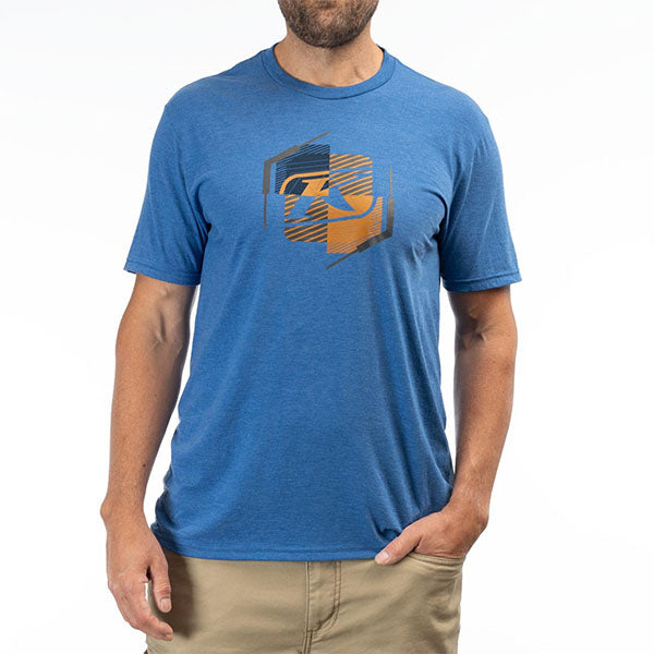 High-resolution studio image of Klim K Shield Crest Tri-Blend Tee; showing tee fit, printed graphics, and crew neckline; SKU 3692-000-120-203