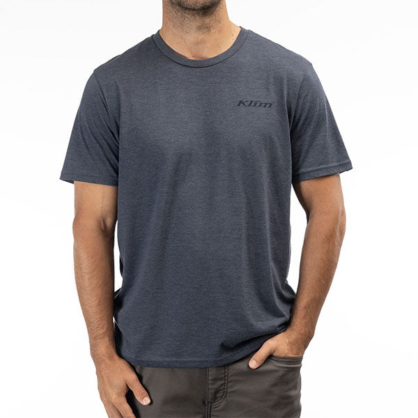 High-resolution studio image of Klim Mountain Peak Tri-Blend Tee; showing tee fit, printed graphics, and crew neckline; SKU 3691-000-120-281