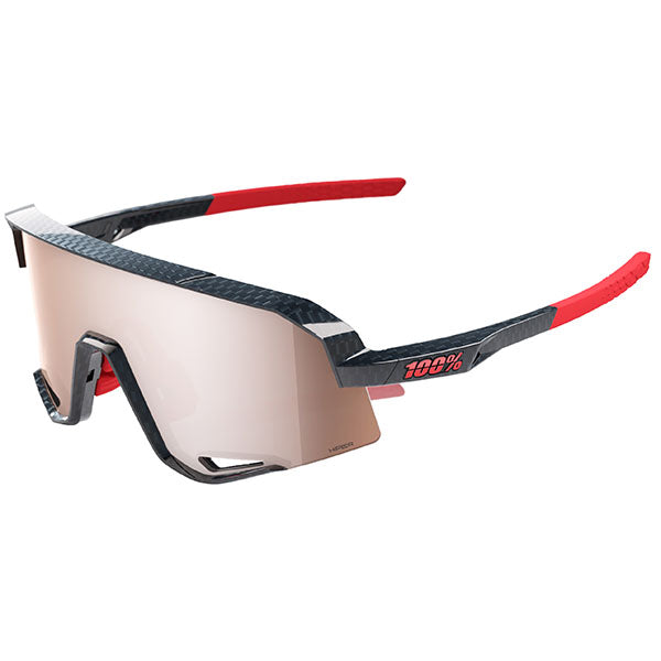 Catalog studio image of 100%, Slendale Sunglasses, SKU 5930302100, color options Gloss Carbon Fiber w/ Hiper Crimson Silver Mirror Lens, Satin Pitaya w/ Hiper Vital Pink Mirror Lens, Polished Translucent Grey w/ Purple Multilayer Mirror Lens, Matte White w/ Hiper Red Multilayer Mirror Lens, Matte Black w/ Hiper Blue Multilayer Mirror Lens, Matte Black w/ Smoke Lens