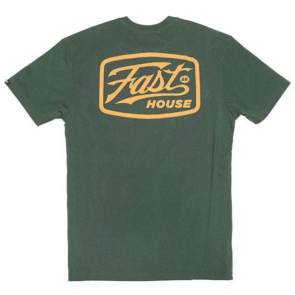 High-resolution studio image of Fasthouse Carrera Tee; showing tee fit, printed graphics, and crew neckline; SKU 3296270404; Sizes: FORESTGREEN, BLACK