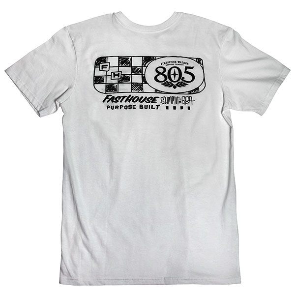 Crisp studio image on a white background of Fasthouse 805 Purpose Tee; showing tee fit, printed graphics, and crew neckline; SKU 3610230504; Sizes: S-3XL