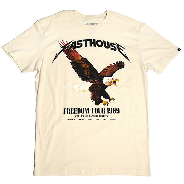 High-resolution studio image of Fasthouse Arise Tee; showing tee fit, printed graphics, and crew neckline; SKU 3296119904; Sizes: SANDSTONE, WASHEDBLACK