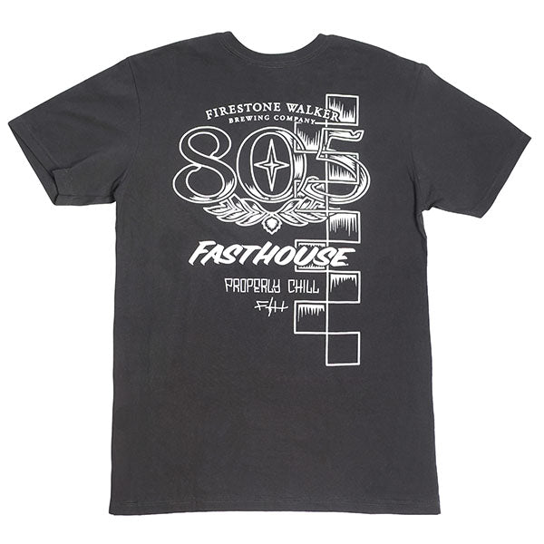 Professional studio photo of Fasthouse 805 Luster Tee; showing tee fit, printed graphics, and crew neckline; SKU 3610250504; Colors: Black, White