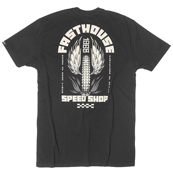 Clean studio shot of Fasthouse Iron Steed Tee; showing tee fit, printed graphics, and crew neckline; SKU 3296220504; Colors: Black, Vintage Gold