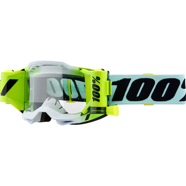 Studio photo showcasing 100%, Accuri 2 Forecast Goggle, Goggles, SKU 26013301, color options Dunder- Clear Lens, Mission- Clear Lens, Neon Red- Clear Lens, Blue- Clear Lens, Black- Clear Lens